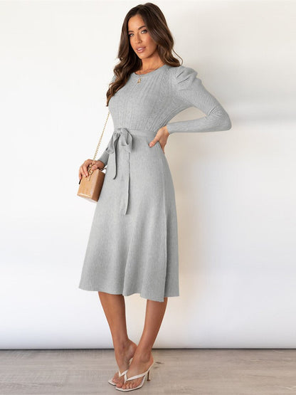 Elegante Gebreide Dames Lange Mouwen Midi Jurk