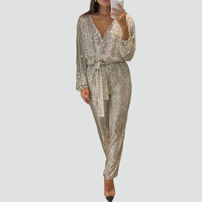 Pailletten Jumpsuit Met Wikkel V Hals En Ceintuur Voor Dames