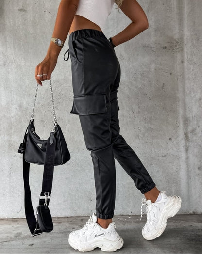 Dames Cargo Broek Leer look met Hoge Taille en Cargo Zakken