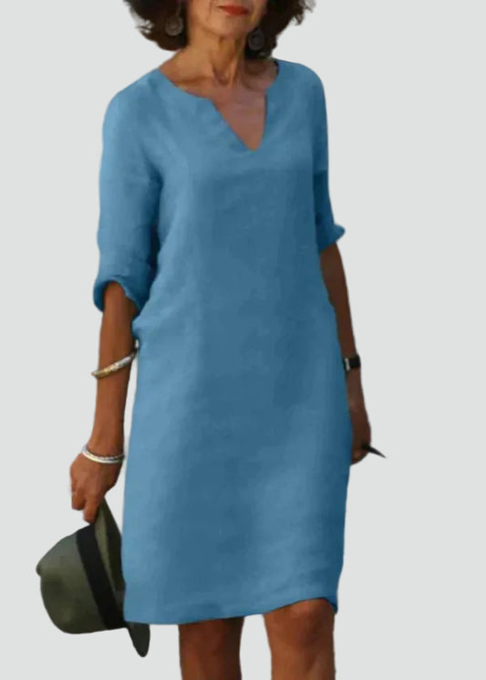 Luchtige Elegante Midi Jurk Dames Met V-Hals en Driekwart Mouwen