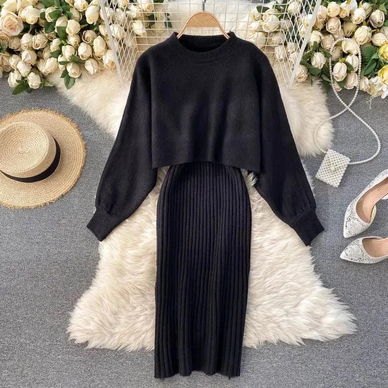 Elegante Vrouwen Gebreide Set Warme Crop Trui en Midi Rok
