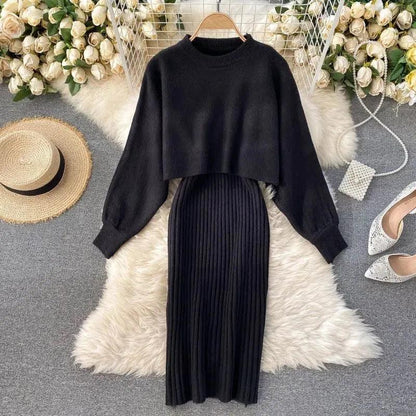 Elegante Vrouwen Gebreide Set Warme Crop Trui en Midi Rok