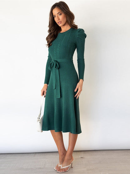 Elegante Gebreide Dames Lange Mouwen Midi Jurk