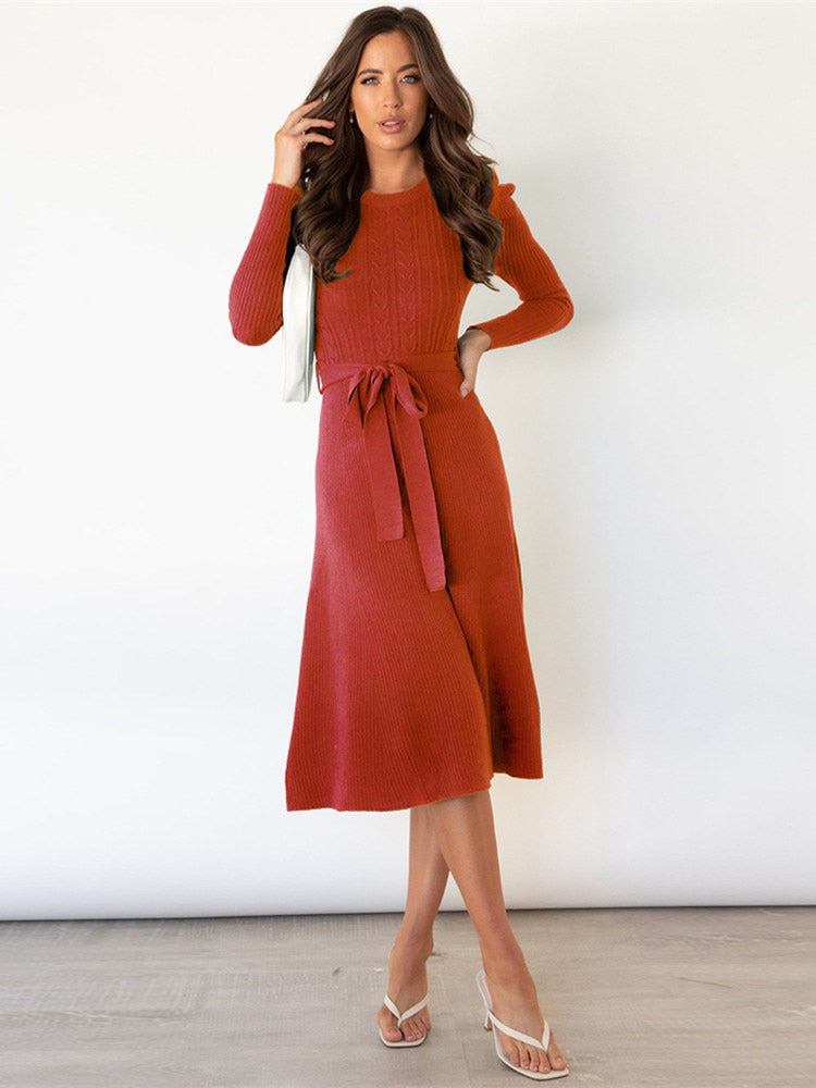 Elegante Gebreide Dames Lange Mouwen Midi Jurk