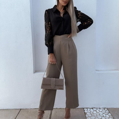 Alana - Satijnen Dames Blouse met Kanten Mouwen en Knoopsluiting