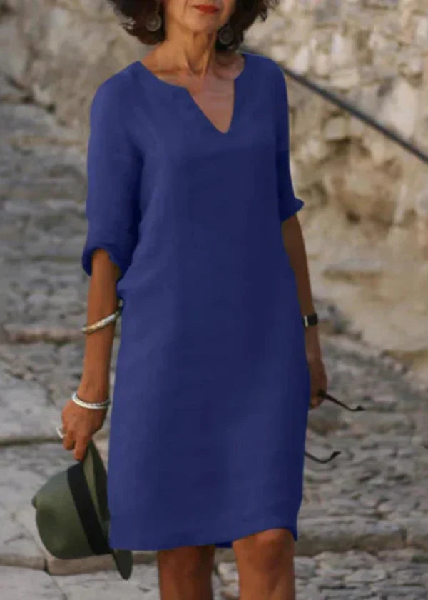 Luchtige Elegante Midi Jurk Dames Met V-Hals en Driekwart Mouwen