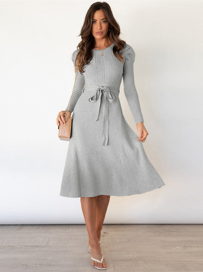 Elegante Gebreide Dames Lange Mouwen Midi Jurk