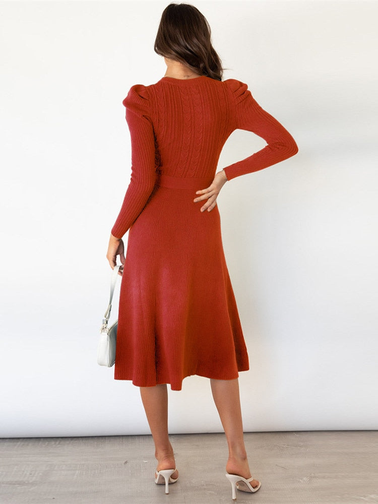 Elegante Gebreide Dames Lange Mouwen Midi Jurk