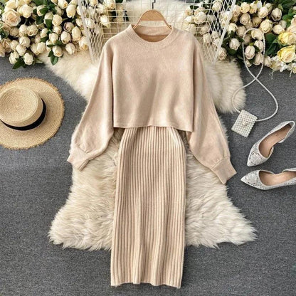 Elegante Vrouwen Gebreide Set Warme Crop Trui en Midi Rok