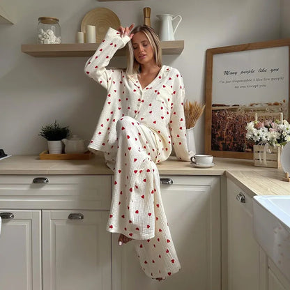 Comfortabele Pyjama Set Vrouwen Hartjesprint Lange Mouwen