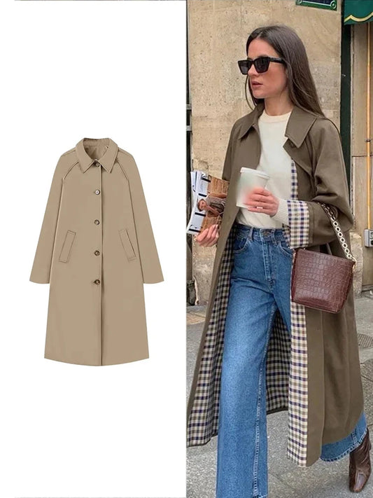 Lange Dames Trenchcoat met Geruitte Binnenvoering