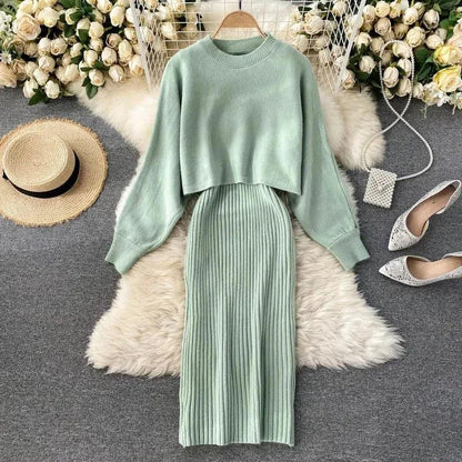 Elegante Vrouwen Gebreide Set Warme Crop Trui en Midi Rok