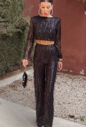 Glitter Pailletten Dames Hoge Taille Broek Tweedelige Set