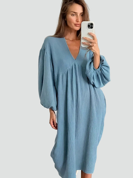 Midi Nachtjurk Met V Hals En Pofmouwen Voor Dames