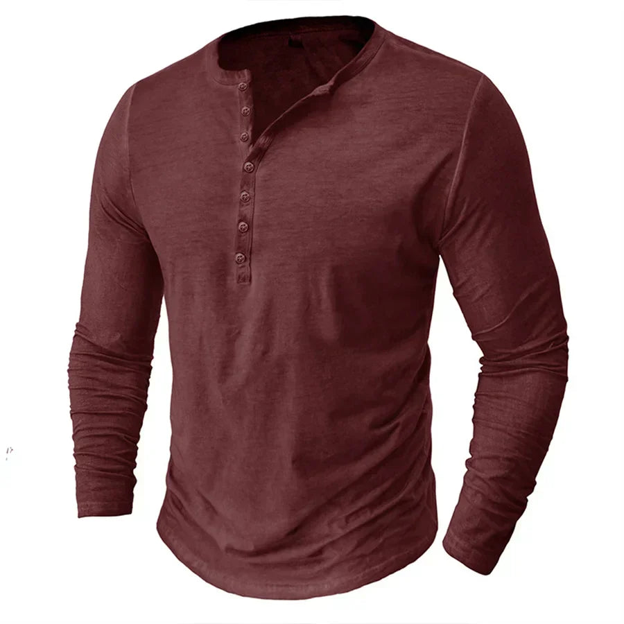 Heren Casual Henleyshirt Met Lange Mouwen En Knoopsluiting