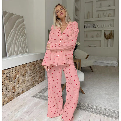 Comfortabele Pyjama Set Vrouwen Hartjesprint Lange Mouwen