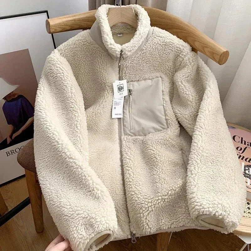 Vrouwen Teddy Jas Met Rits Staande Kraag En Borstzak Winter