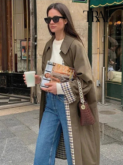 Lange Dames Trenchcoat met Geruitte Binnenvoering