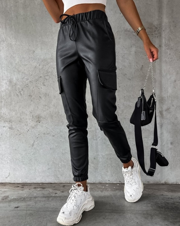 Dames Cargo Broek Leer look met Hoge Taille en Cargo Zakken