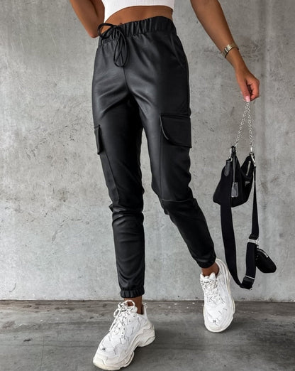Dames Cargo Broek Leer look met Hoge Taille en Cargo Zakken