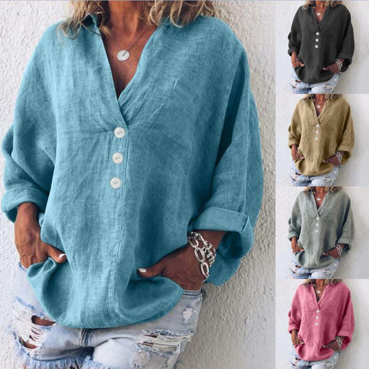 Delphina - Relaxed Fit Linnen Blouse met Knopdetail voor dames
