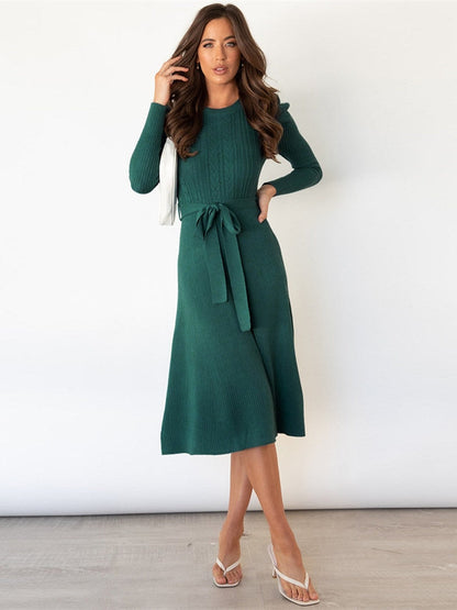 Elegante Gebreide Dames Lange Mouwen Midi Jurk