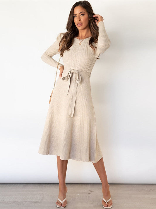 Elegante Gebreide Dames Lange Mouwen Midi Jurk