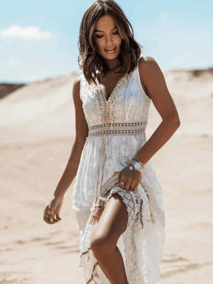 Isla – Boho Maxi Jurk met Kant en Split voor Dames