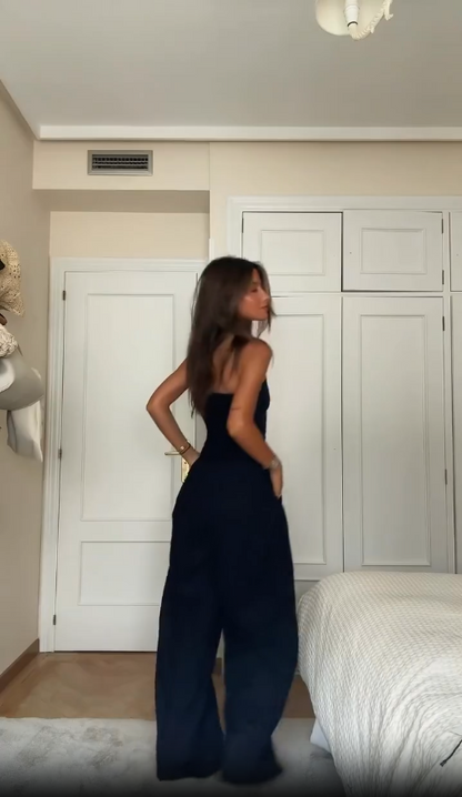 Louisa - Strapless Wijde Pantalon Jumpsuit met Zakken voor Dames