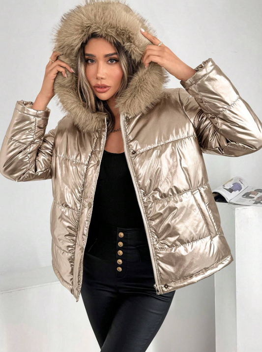 Dames Metallic Puffer Winterjas met Capuchon