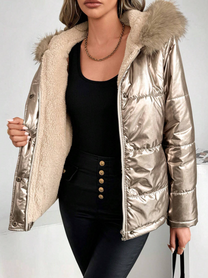 Dames Metallic Puffer Winterjas met Capuchon