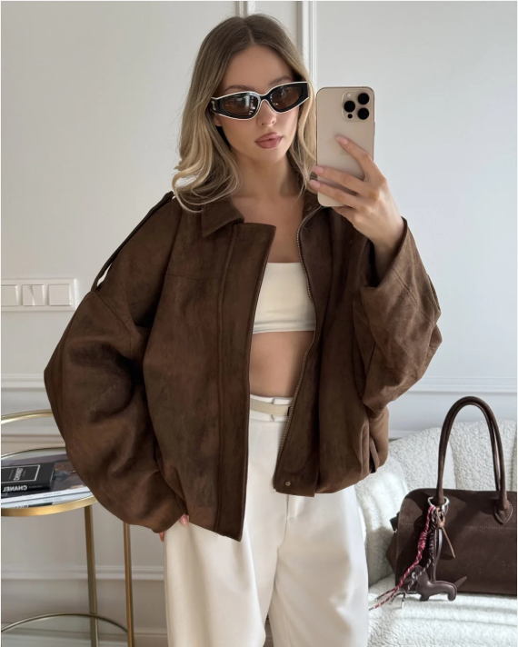 Oversized Suède Leren Jas Voor Vrouwen Stijlvol