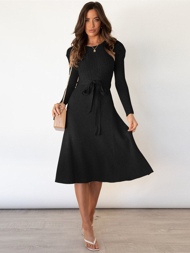 Elegante Gebreide Dames Lange Mouwen Midi Jurk