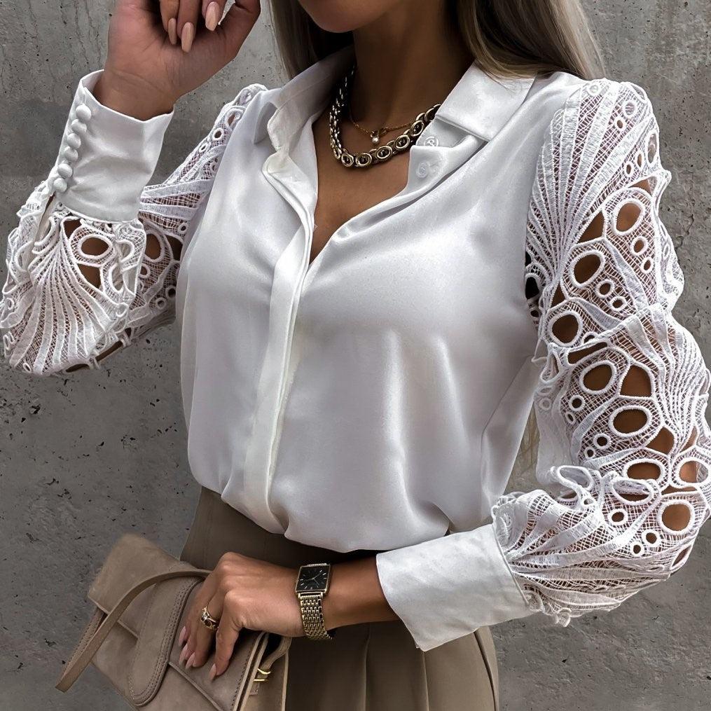 Alana - Satijnen Dames Blouse met Kanten Mouwen en Knoopsluiting