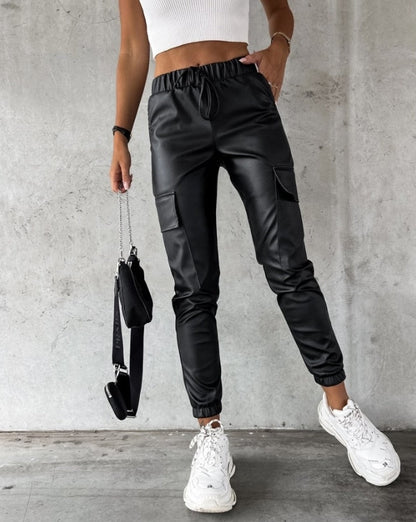Dames Cargo Broek Leer look met Hoge Taille en Cargo Zakken