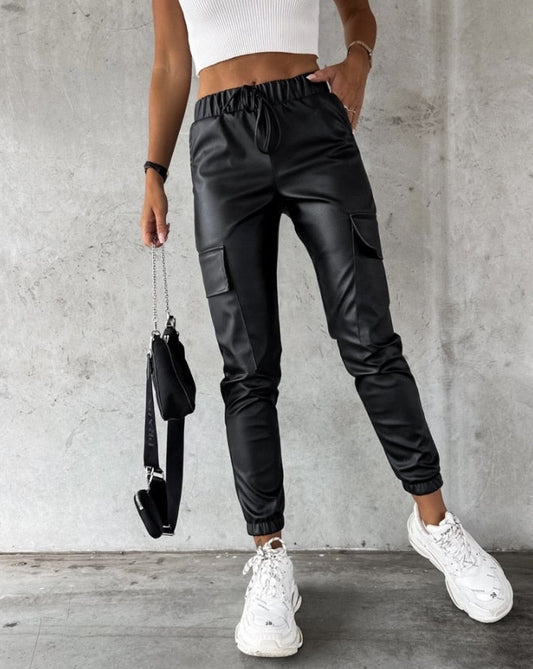 Dames Cargo Broek Leer look met Hoge Taille en Cargo Zakken