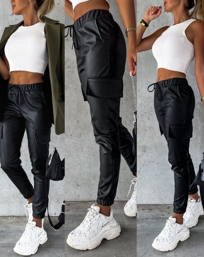 Dames Cargo Broek Leer look met Hoge Taille en Cargo Zakken