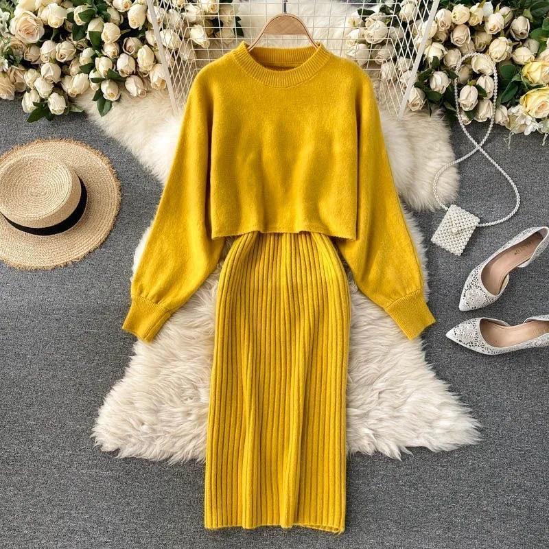 Elegante Vrouwen Gebreide Set Warme Crop Trui en Midi Rok