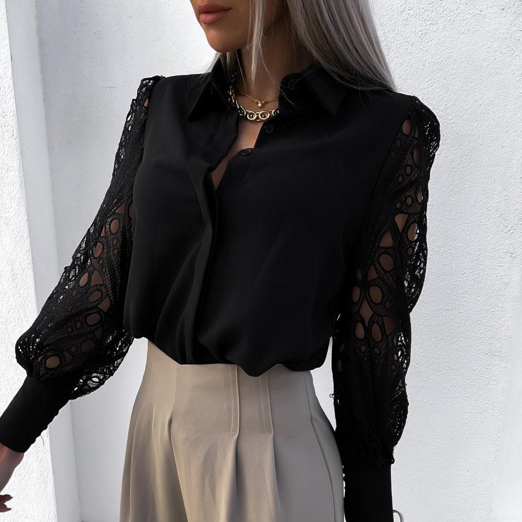 Alana - Satijnen Dames Blouse met Kanten Mouwen en Knoopsluiting