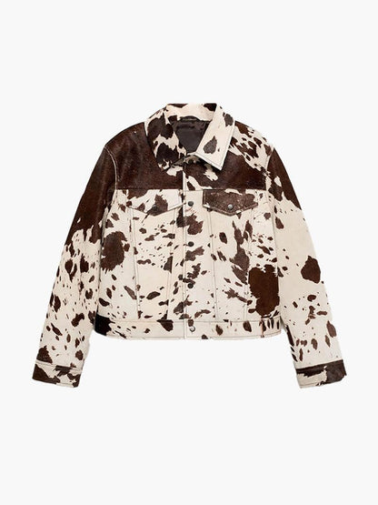 Melany - Trendy Korte Jas met Bruin-Witte Cowprint voor Dames