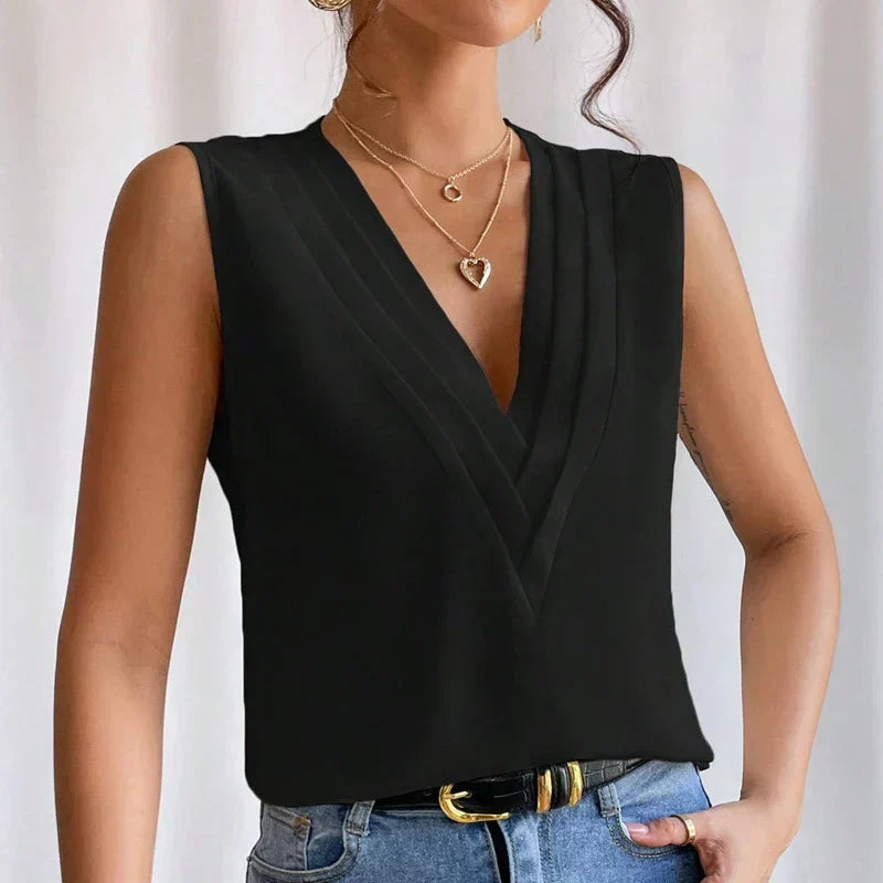 Bertille - Mouwloze V-hals Blouse met Geplooid Detail voor dames