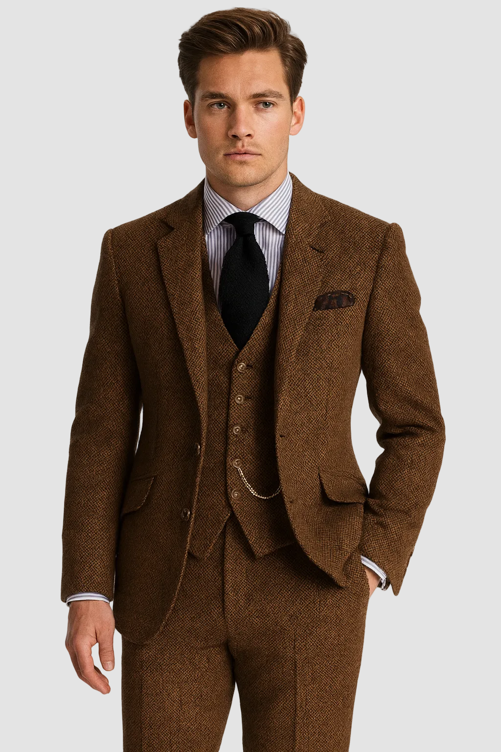 Stijlvol heren kostuum in retro driedelig design