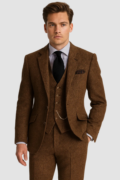 Stijlvol heren kostuum in retro driedelig design