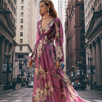 Blandine - Bloemen Maxi Jurk met V-hals en lange mouwen