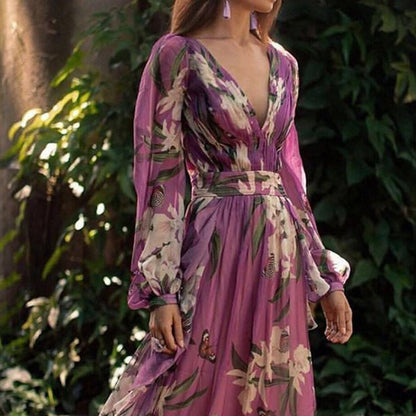 Blandine - Bloemen Maxi Jurk met V-hals en lange mouwen