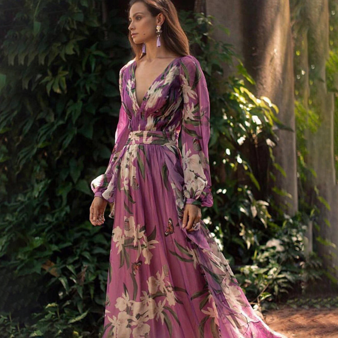 Blandine - Bloemen Maxi Jurk met V-hals en lange mouwen