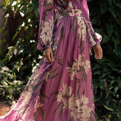 Blandine - Bloemen Maxi Jurk met V-hals en lange mouwen