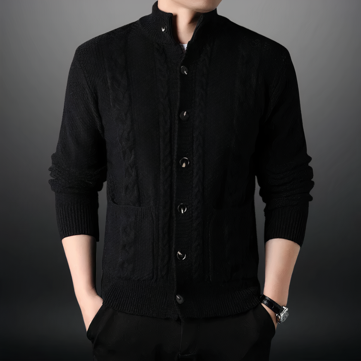 Heren Cardigan met Kabelpatroon en Hoge Kraag