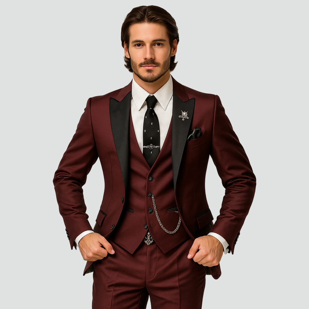 Stijlvolle Driedelig Herenpak met Gilet en Satijnen Revers