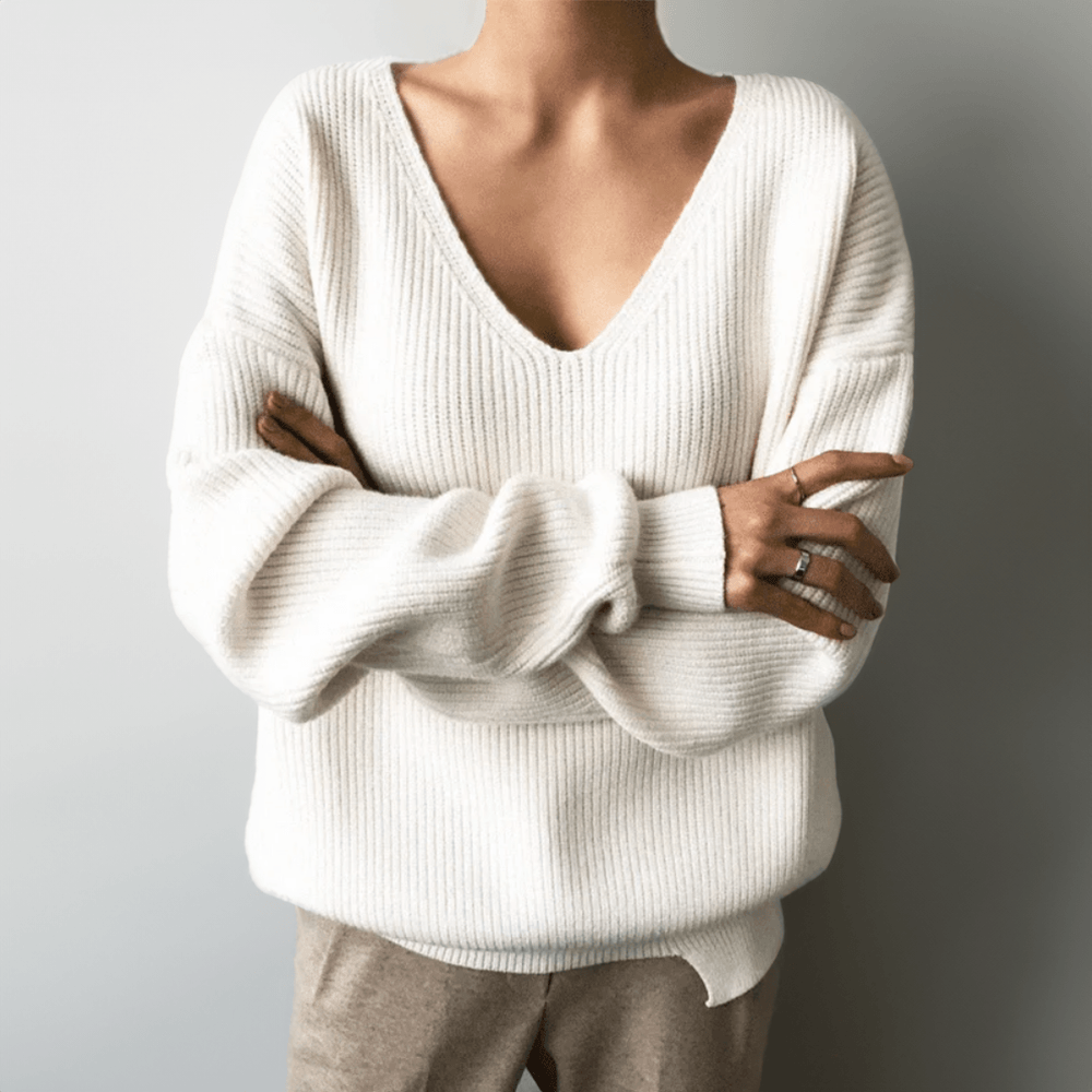 Olivia – Grofgebreide V-hals trui voor dames
